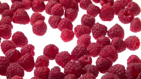 Raspberry. Raspberries falls and rolls on a white background. Video stock 77689741