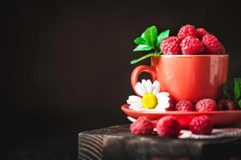Raspberry in a red cup with chamomile and leaves on a dark background. Summer Stock Photos