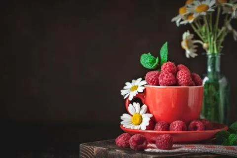 Raspberry in a red cup with chamomile and leaves on a dark background. Summer Stock Photos