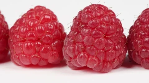 Raspberry in a row on white. Extrem close-up. Side view. Stock Footage 161320812