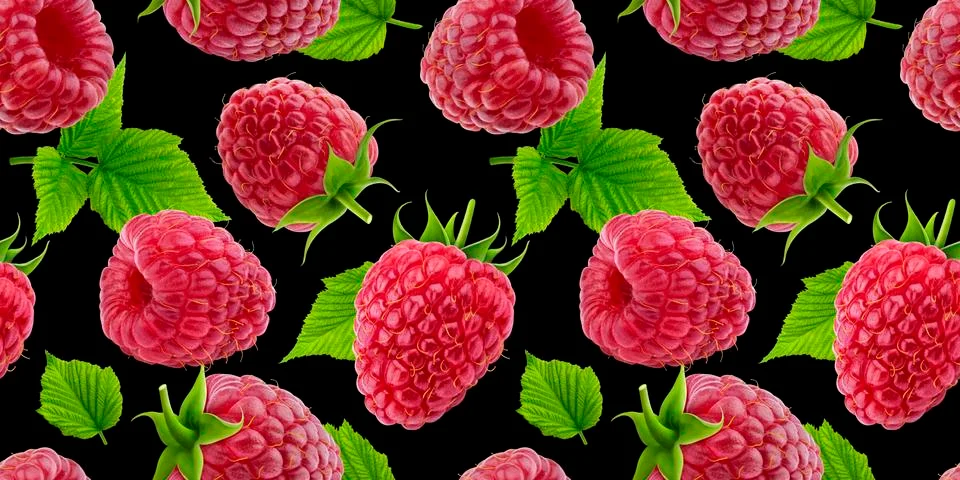 Raspberry seamless pattern on black background Stock Photos