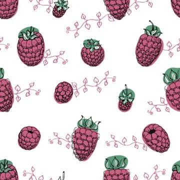 Raspberry Seamless pattern. Hand Drawn cute vector backgrounds for cafe or Stock Illustration