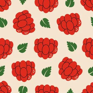 Raspberry seamless pattern. Print with raspberry fruit with green leaves Stock Illustration