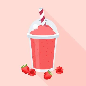 Raspberry smoothie in plastic glass, flat design with long shadow Stock Illustration