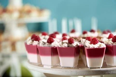 Raspberry souffle with whipped cream Stock Photos