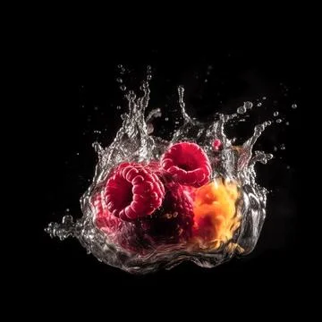 Raspberry in the splash of water on isolated black background. Stock Illustration