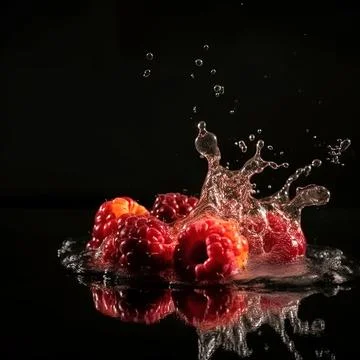 Raspberry in the splash of water on isolated black background. Stock Illustration