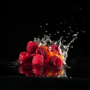 Raspberry in the splash of water on isolated black background. Stock Illustration