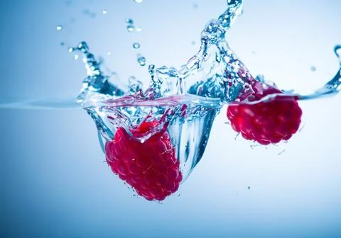 Raspberry splash in water Stock Photos
