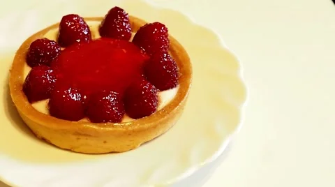 Raspberry Tart on a Plate, Panorama Stock Footage 67383976