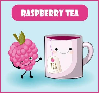 Raspberry tea. Cup character, a funny berry with a face, eyes and a smile. He Stock Illustration