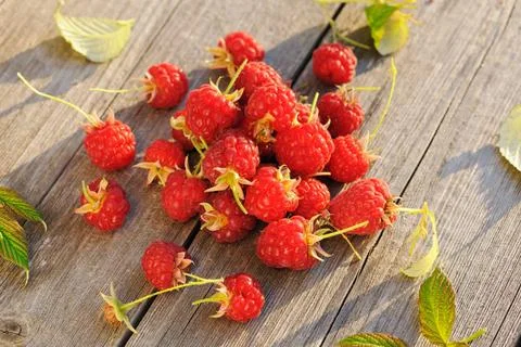 Raspberry on wooden table Raspberry with leafs on wooden table Copyright: ... Foto stock