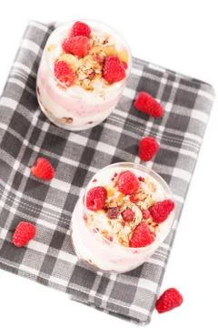 Raspberry yoghurt desserts from top Stock Photos