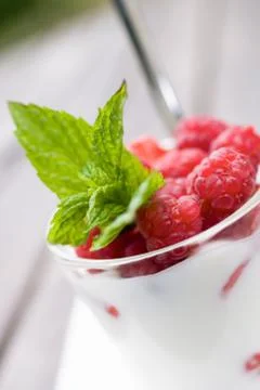 Raspberry yogurt with mint Stock Photos