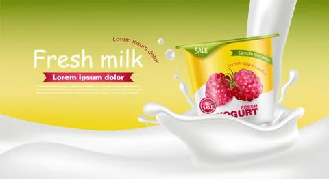 Raspberry yogurt Vector realistic. Product placement mock up. Fresh yogurt sp Stock Illustration