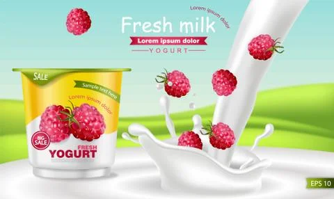 Raspberry yogurt Vector realistic. Product placement mock up. Fresh yogurt sp Illustrazione stock