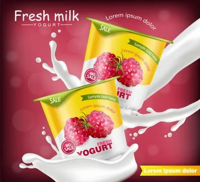 Raspberry yogurt Vector realistic. Product placement mock up. Fresh yogurt sp Illustrazione stock