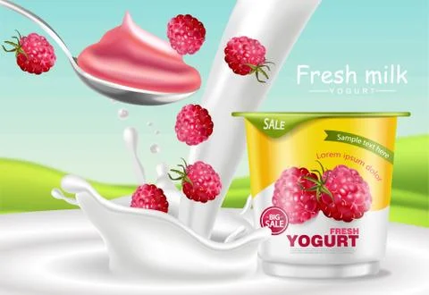 Raspberry yogurt Vector realistic. Product placement mock up. Fresh yogurt sp Illustrazione stock