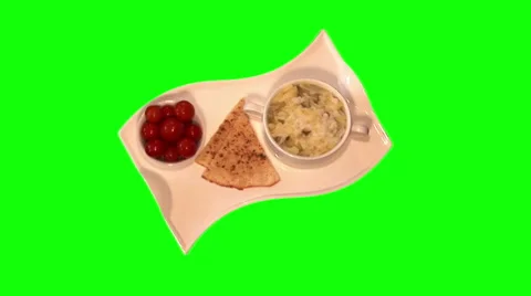 Rassolnik with pickled cucumbers, cherry tomatoes, spicy flat cake on tray Stock Footage 46560872