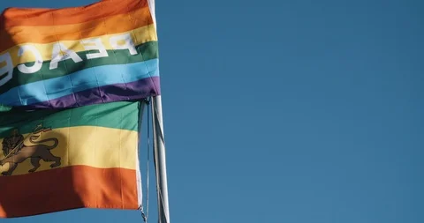 Rasta and peace flag flapping in blue sky Stock Footage 97808930