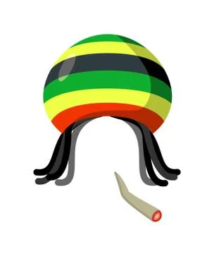 Rasta Cap with dreadlocks on white background. Spliff  smoking drug cannabis. Stock Illustration