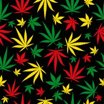 Rasta pattern. Reggae colour jamaican ornament. Marijuana seamless background Stock Illustration