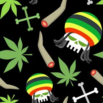 Rasta pattern. Seamless background from marihuanny and skull. Smoking dope an Stock Illustration