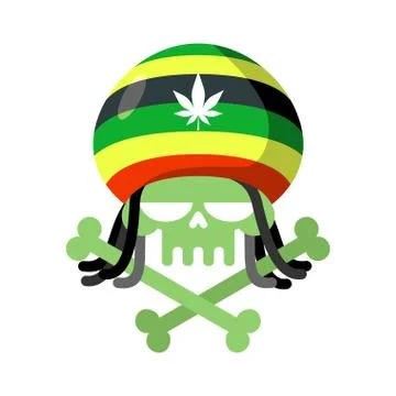 Rasta skull with dreadlocks and Rasta Cap. Green head skeleton with bones. Lo Stock Illustration