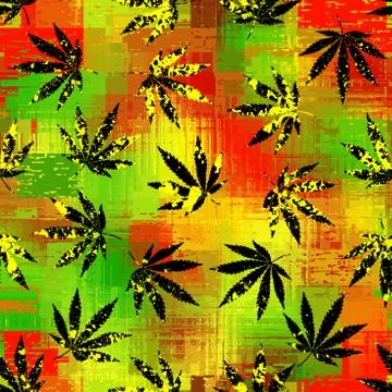 Rastafarian chevron pattern and grunge hemp leaves. Stock Illustration