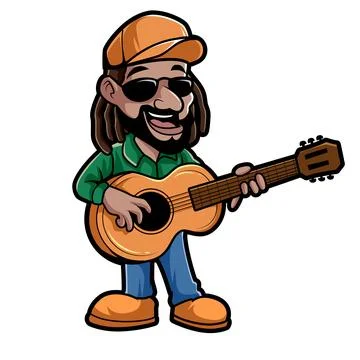 Rastaman with dreadlocks and reggae style singing while play classic guitar.. Stock Illustration