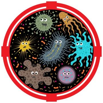 Raster Different Cartoon Microbes Isolated on Dark Background. Pandemic Color Stock Illustration