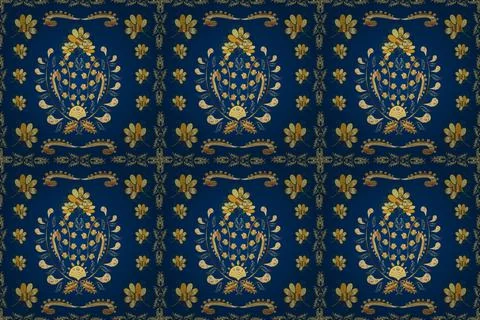 Raster golden pattern. Oriental style arabesques golden pattern on a yellow, blu Stock Illustration