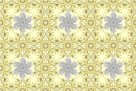 Raster golden pattern on yellow, beige colors. Golden snowflake simple seamless Illustrazione stock