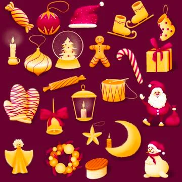 Raster illustration with collection of christmas elements Stock Illustration