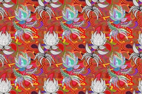 Raster illustration. Seamless flowers pattern. In asian textile style. Flowers o Stock Illustration