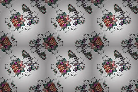 Raster illustration. Seamless spring pattern with little flowers. On black, gray Illustrazione stock