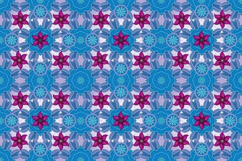 Raster illustration. Seamless spring pattern with little flowers. On blue, neutr Stock Illustration