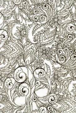 Raster pattern of abstract flowers and paisley elements in Indian mehendi sty 스톡 일러스트