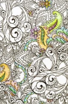 Raster pattern of abstract flowers and paisley elements in Indian mehendi sty 스톡 일러스트