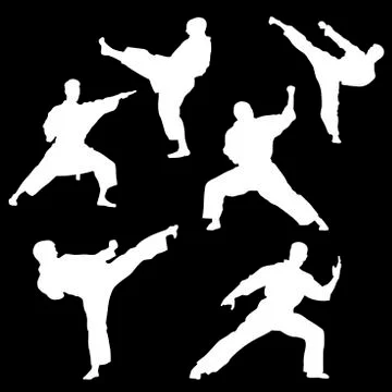 Raster pattern of a set of white silhouettes of a karate on a black background 스톡 일러스트
