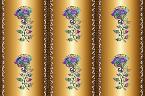 Raster - stock. Seamless pattern with beige, yellow and brown flowers, watercolo イラスト素材