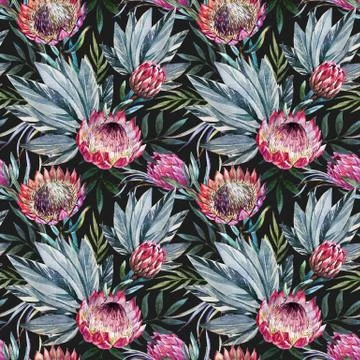 Raster tropical protea pattern Stock Illustration