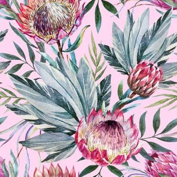 Raster tropical protea pattern Stock Illustration