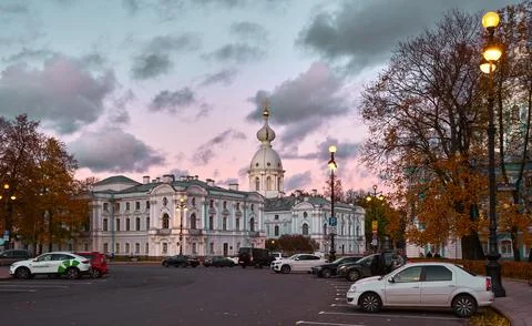 Rastrelli Square, evening view of one of the corner chapels at the Smolny C.. Stock Photos
