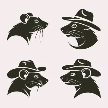 Rat Head Wearing Hat Silhouette Logo Set Mouse Character Animal Stock Illustration