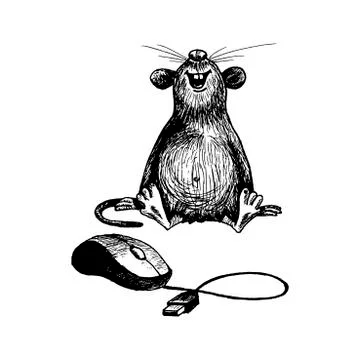Rat with Long Tail as New Year Symbol Laughing Sitting in Front of Computer M Stock Illustration