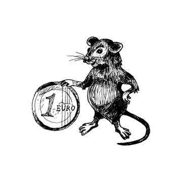Rat with Long Tail as New Year Symbol Holding Euro Coin as Prosperity Sign Ve Stock Illustration