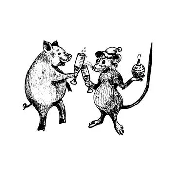 Rat with Long Tail as New Year Symbol Drinking Champagne with Symbol of Previ Stock Illustration