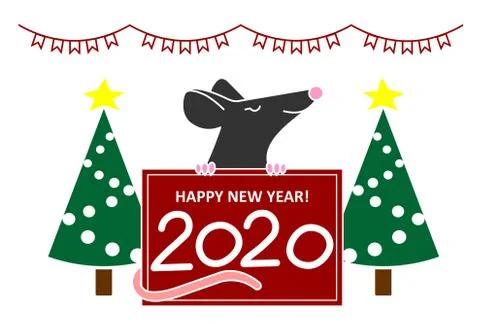 A Rat Or Mouse Holds A New Year, Christmas Poster With Congratulations, With Stock Illustration