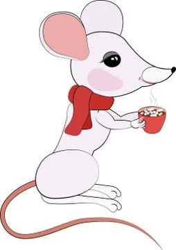 Rat or white mouse and red chocolate cup with marshmallows Illustrazione stock